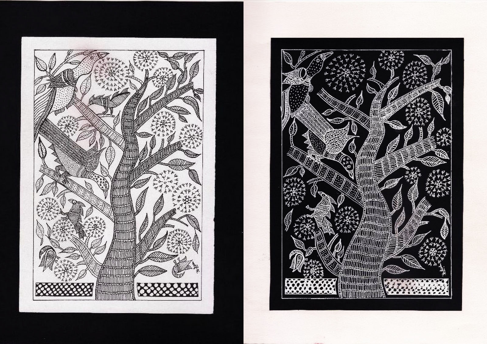 Madhubani art inspired diptych with tree motifs